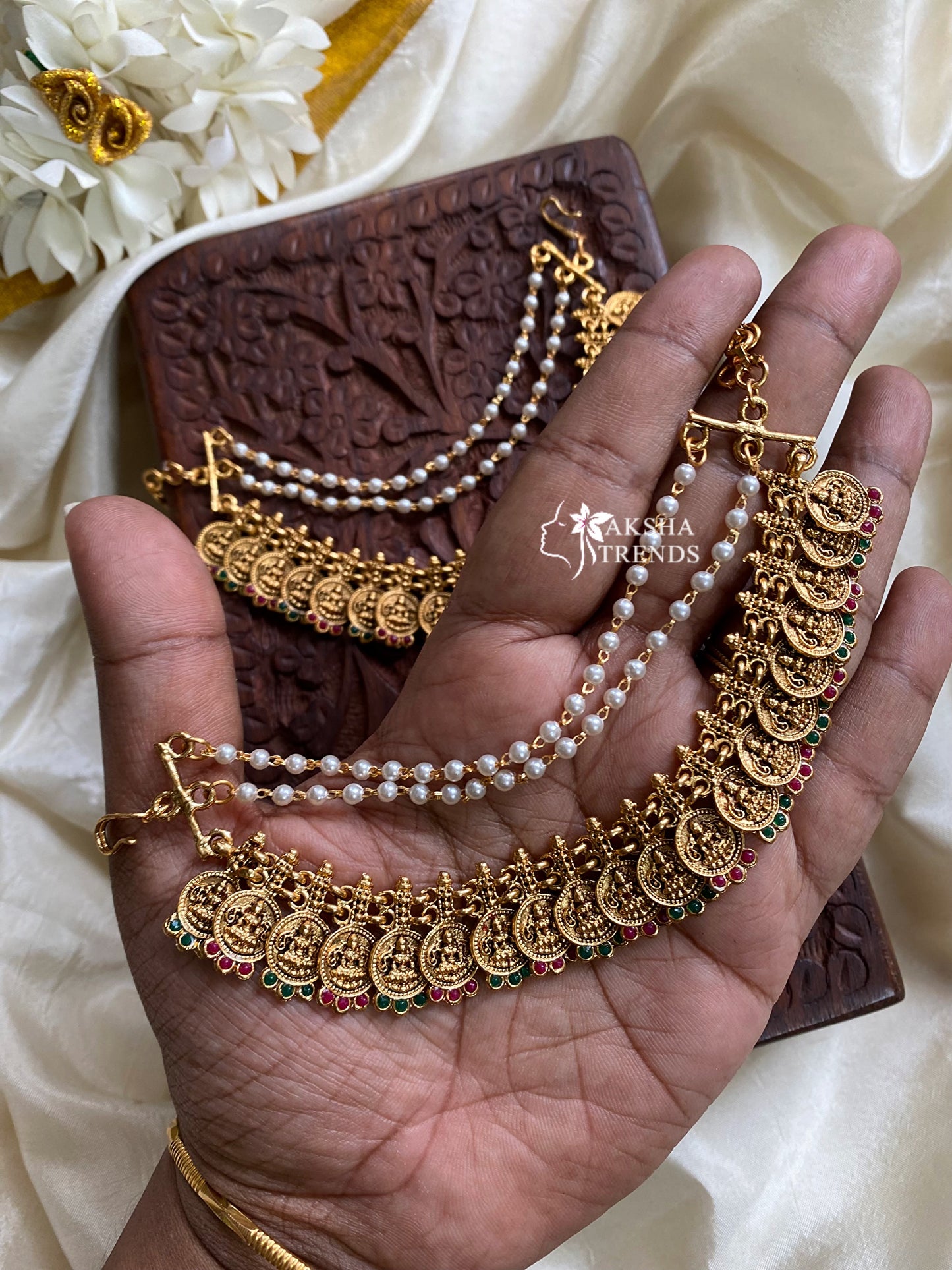 Bridal earchain maati -3 layer Kasumalai stone Aksha Trends