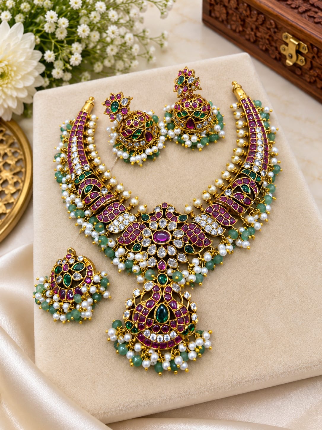 3in1 bridal kemp necklace -mint beads Aksha Trends