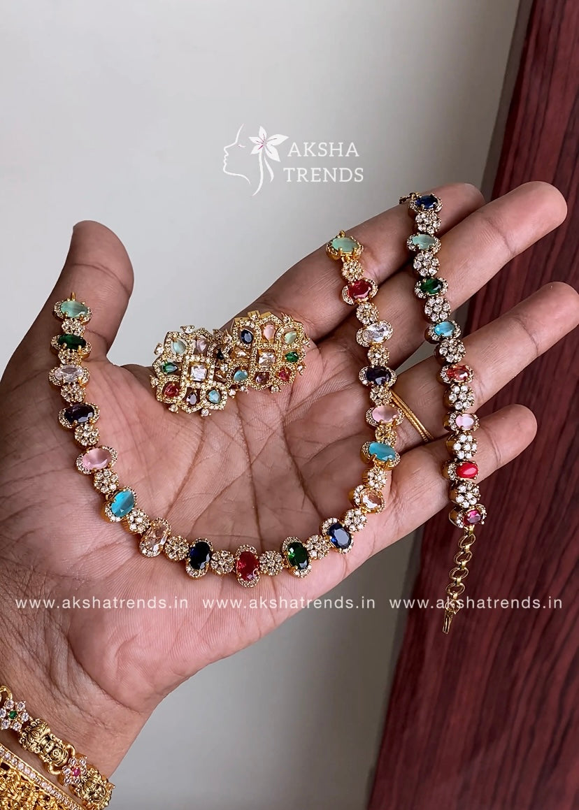 Navratna diamond Necklace with bracelet combo Aksha Trends