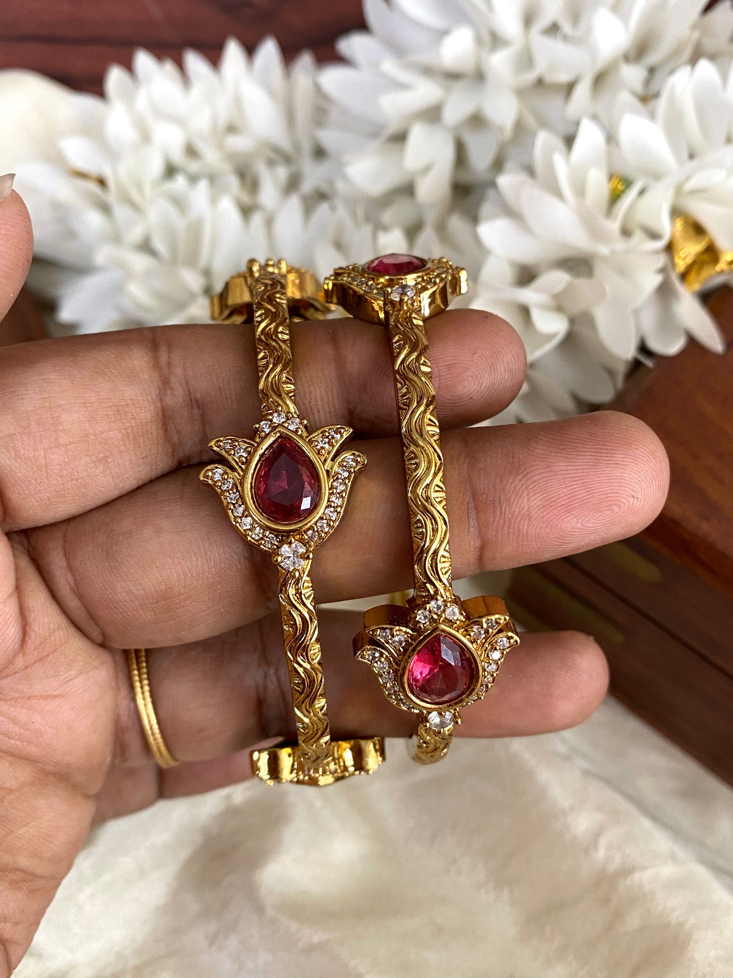 Lotus gold bangles Ruby (2pc) Aksha Trends