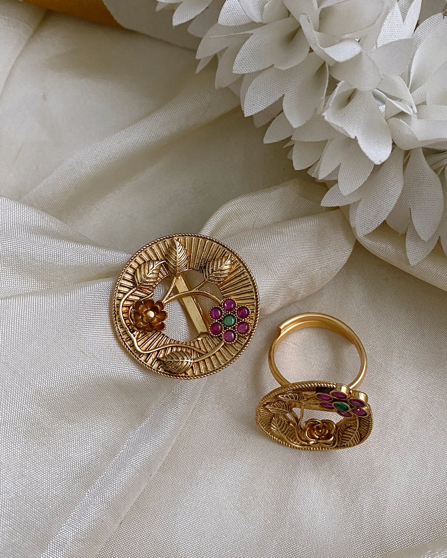 Golden floral finger rings Aksha Trends