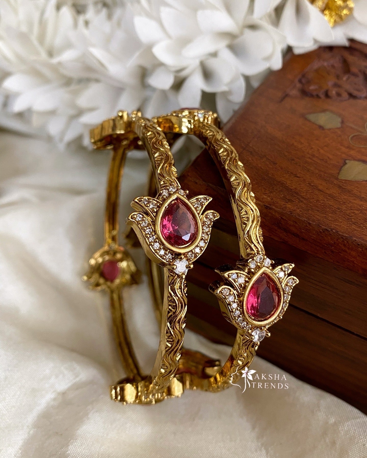 Lotus gold bangles Ruby (2pc) Aksha Trends