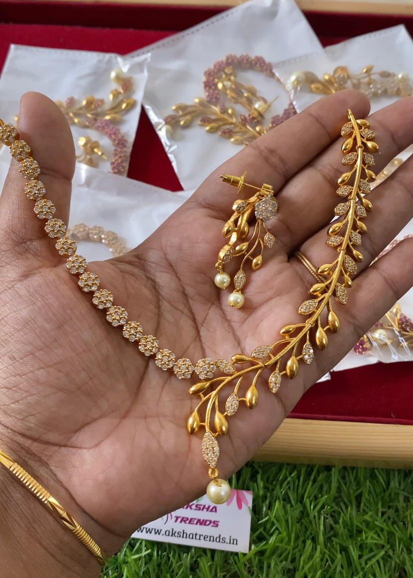 Floral leaf diamond necklace -White Aksha Trends