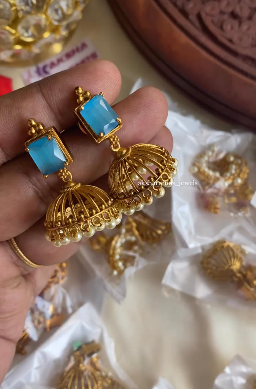 Golden Aqua blue stone jhumkas Aksha Trends