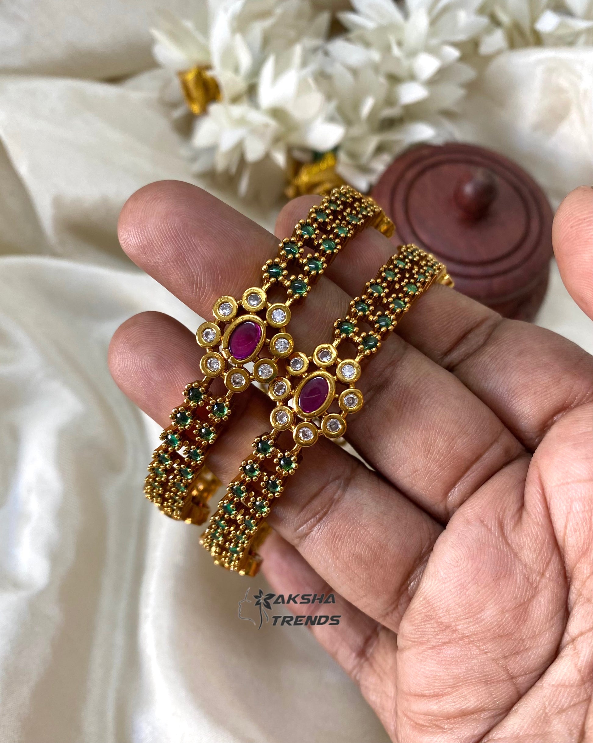 Emerald diamond Floral bangles Aksha Trends