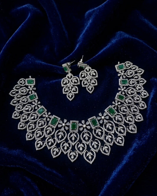 Silver floral diamond necklace -Pink Aksha Trends
