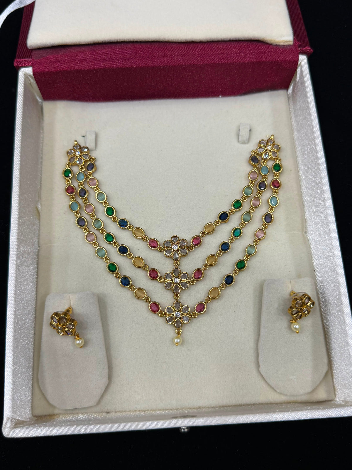 3layer kemp diamond necklace -white Aksha Trends
