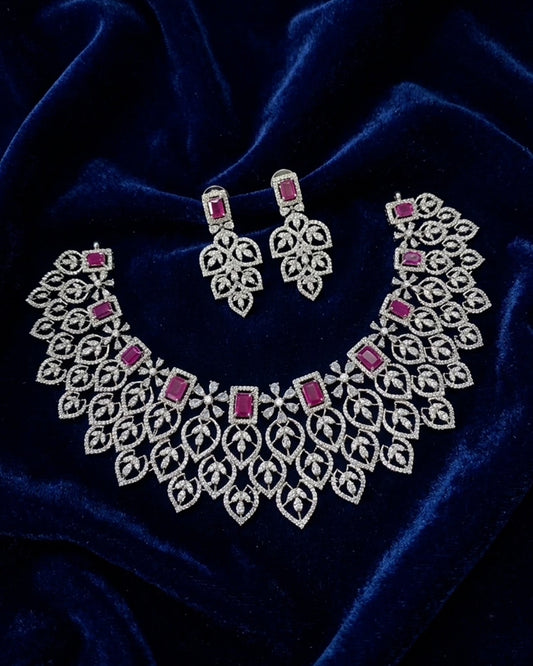 Silver floral diamond necklace -Pink Aksha Trends