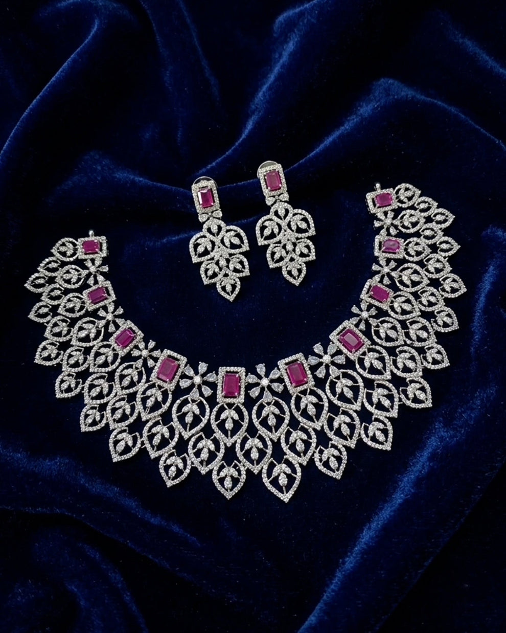 Silver floral diamond necklace -Pink Aksha Trends 