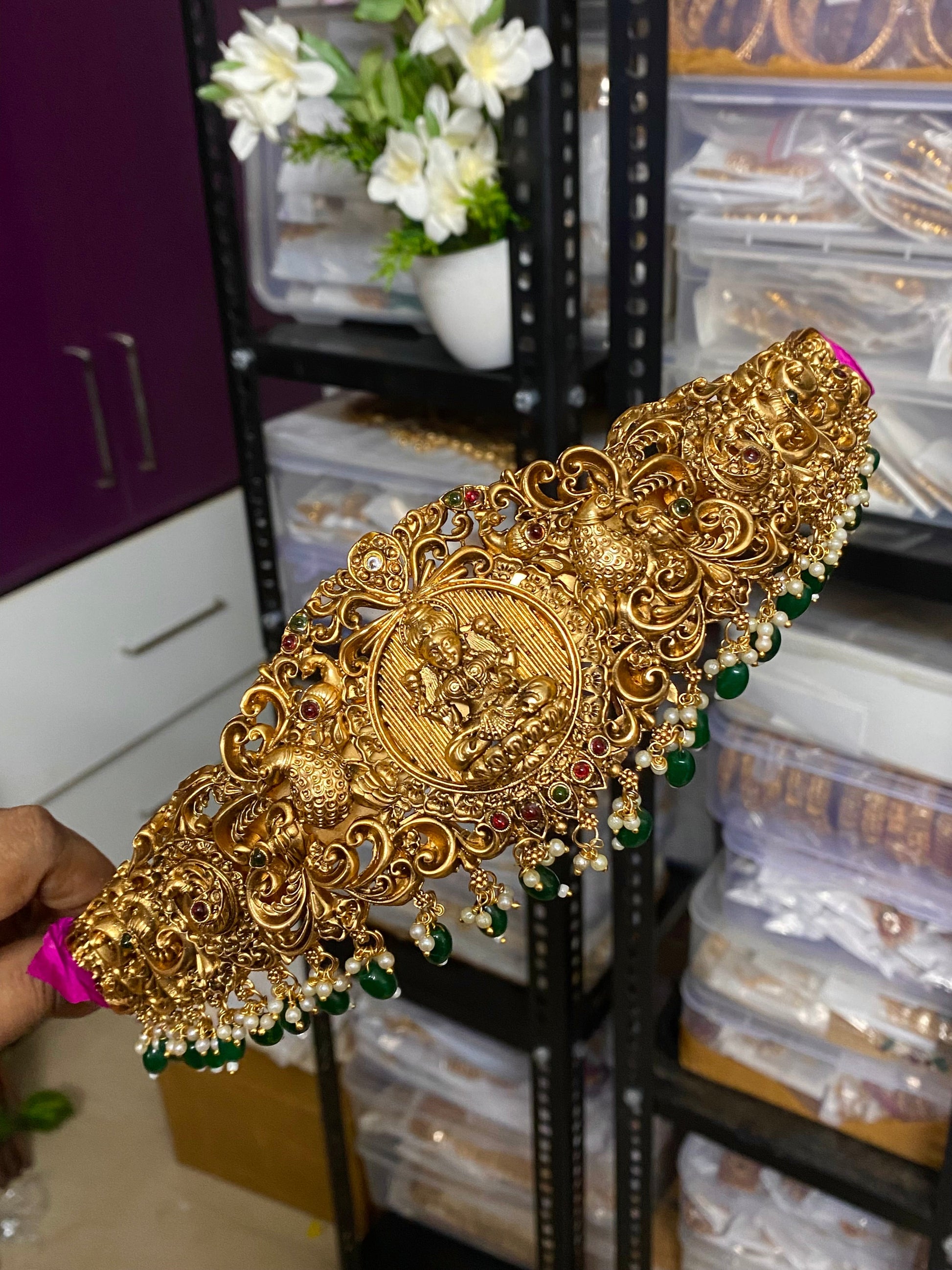 Temple bridal hipbelt -Premium Gold Emerald Aksha Trends