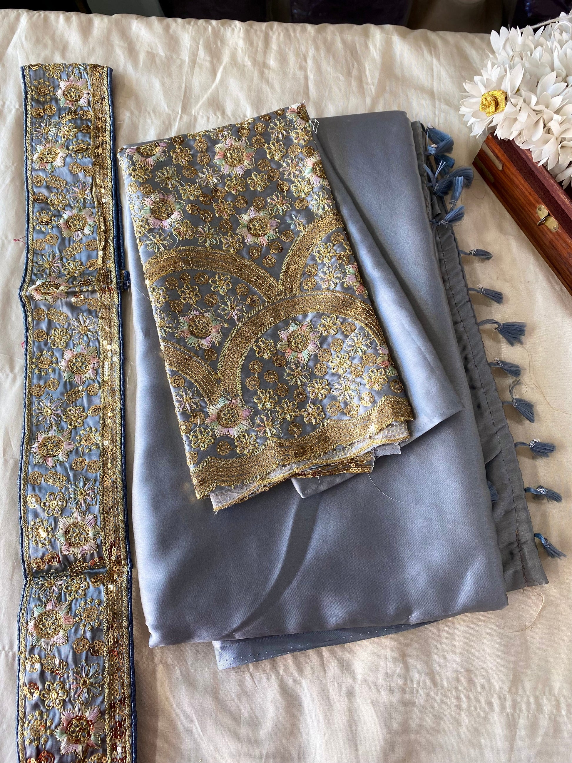 Satin Silk Saree -Grey Aksha Trends