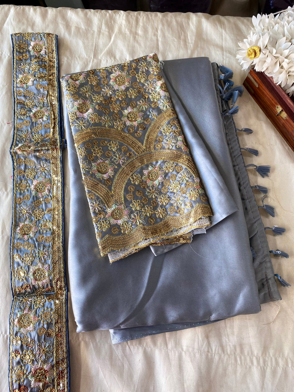 Satin Silk Saree -Grey Aksha Trends 