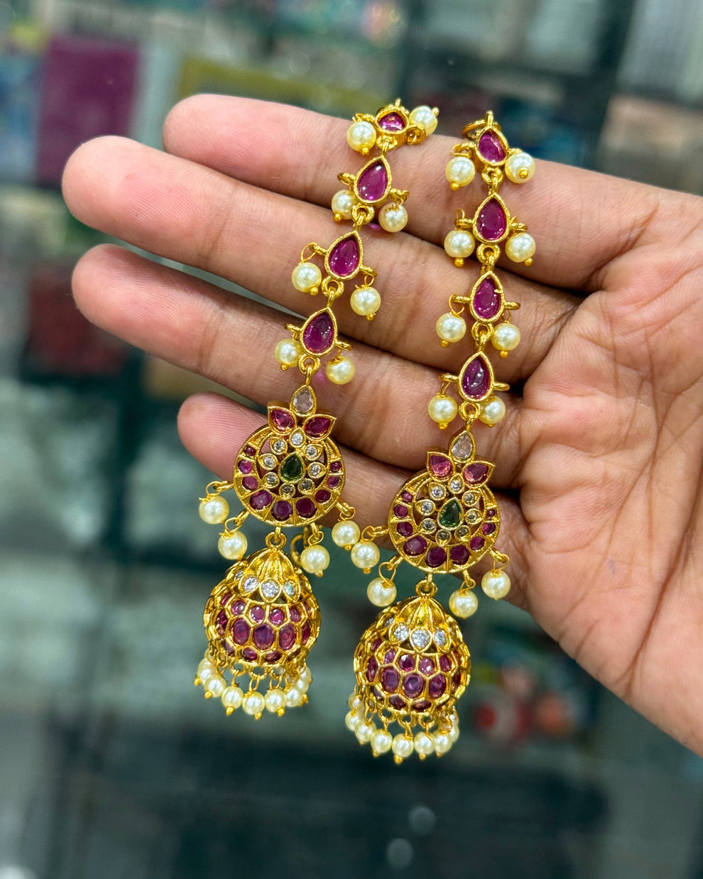 Premium kemp Jhumka with earchains Aksha Trends 
