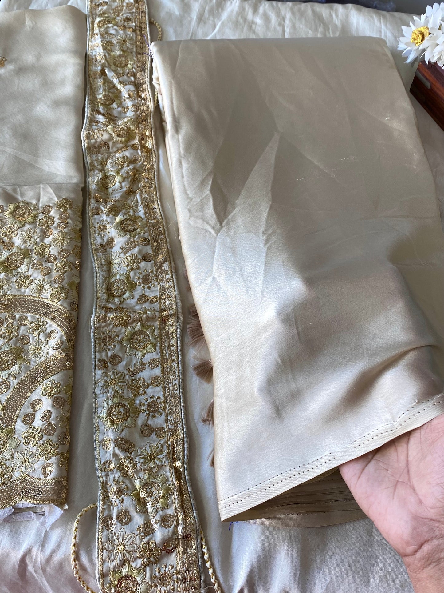 Satin Silk Saree -Cream Gold Aksha Trends