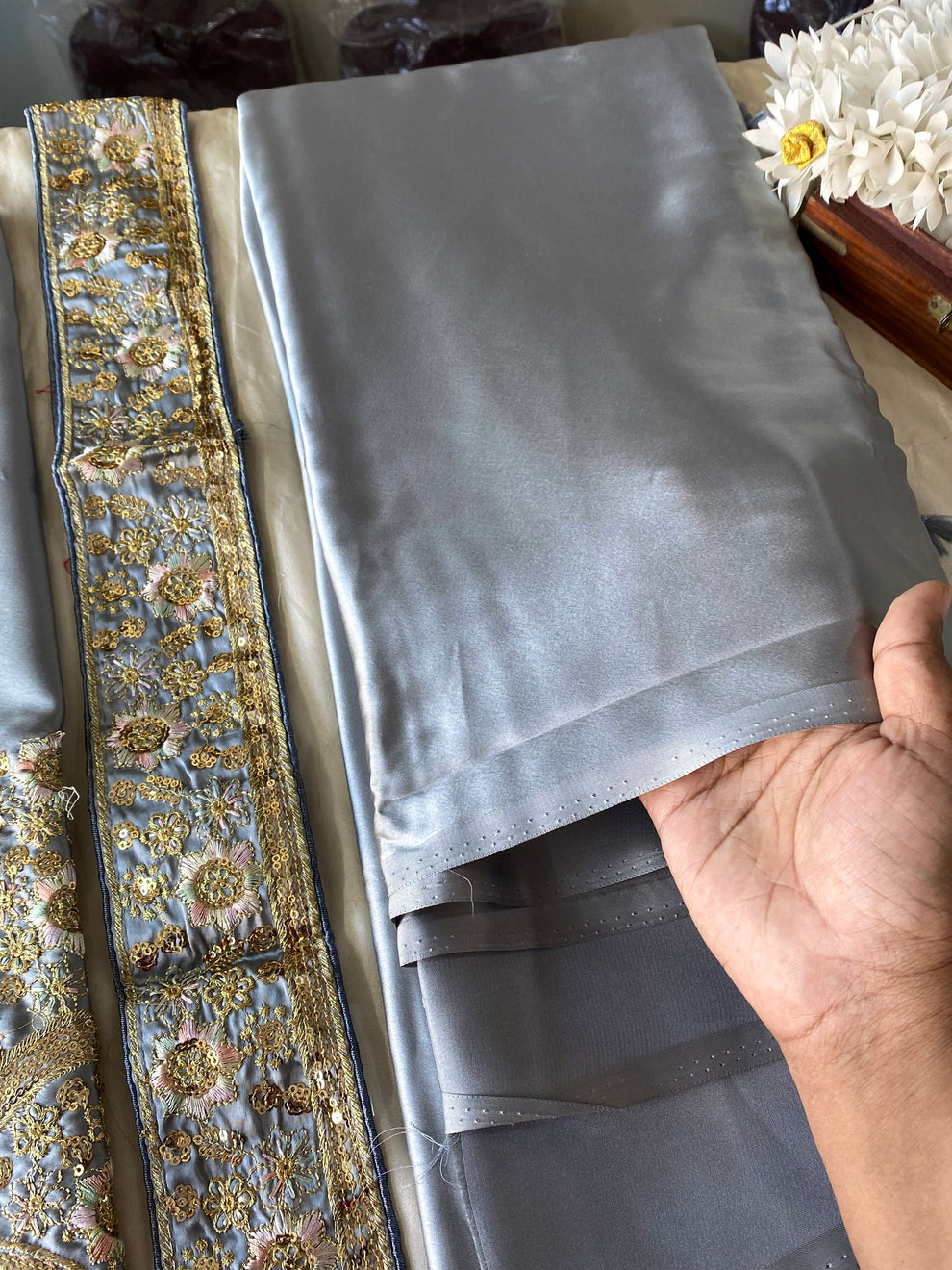 Satin Silk Saree -Grey Aksha Trends 