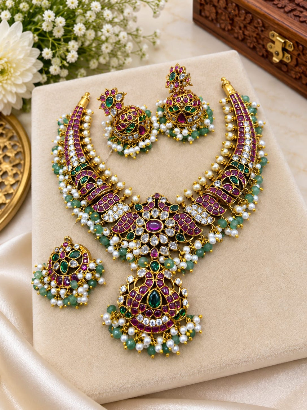 3in1 bridal kemp necklace -mint beads Aksha Trends 
