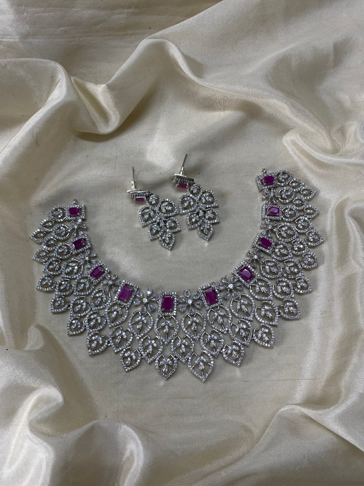 Silver floral diamond necklace -Pink Aksha Trends