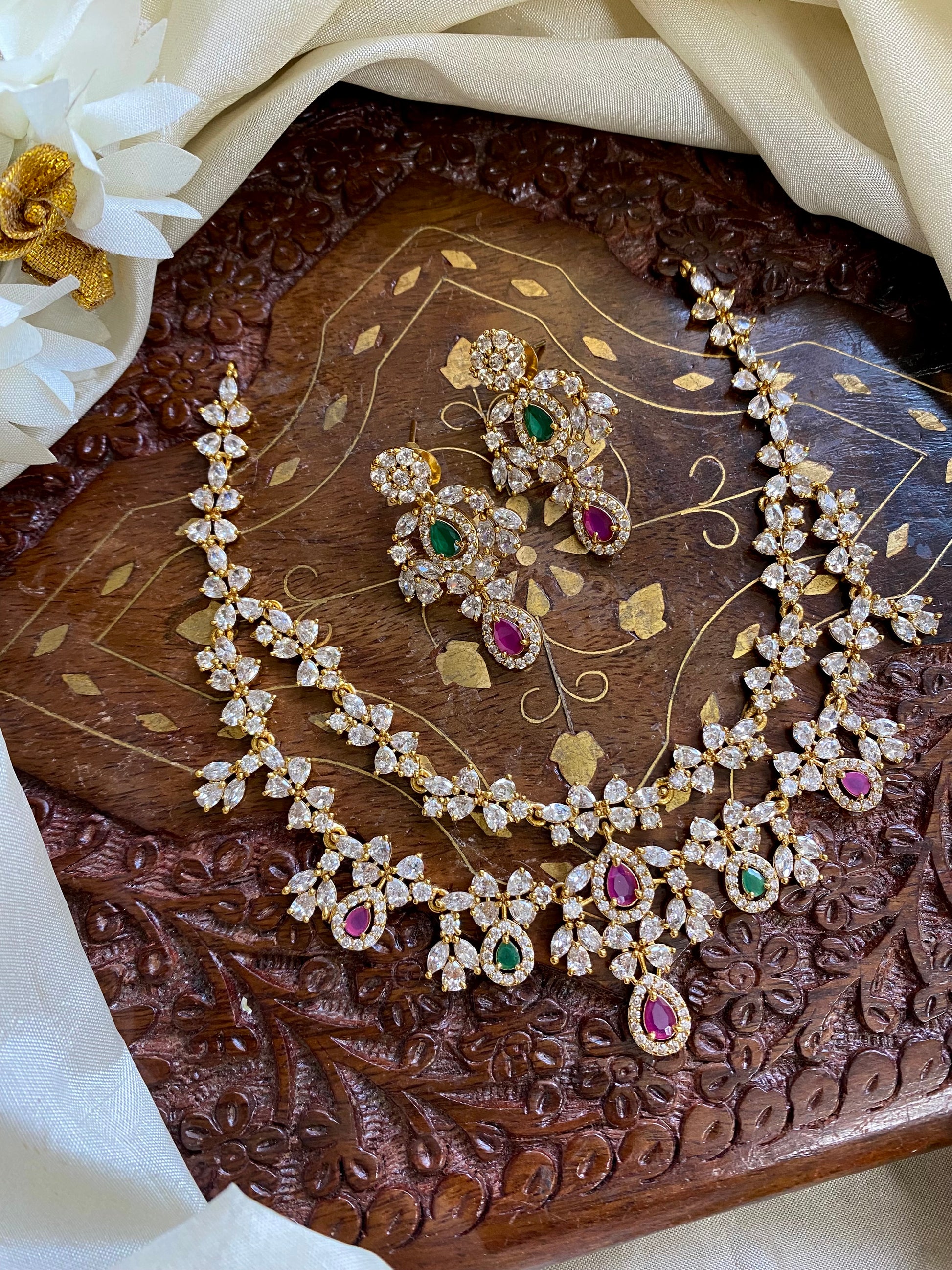 2 layer diamond Floral Necklace Aksha Trends