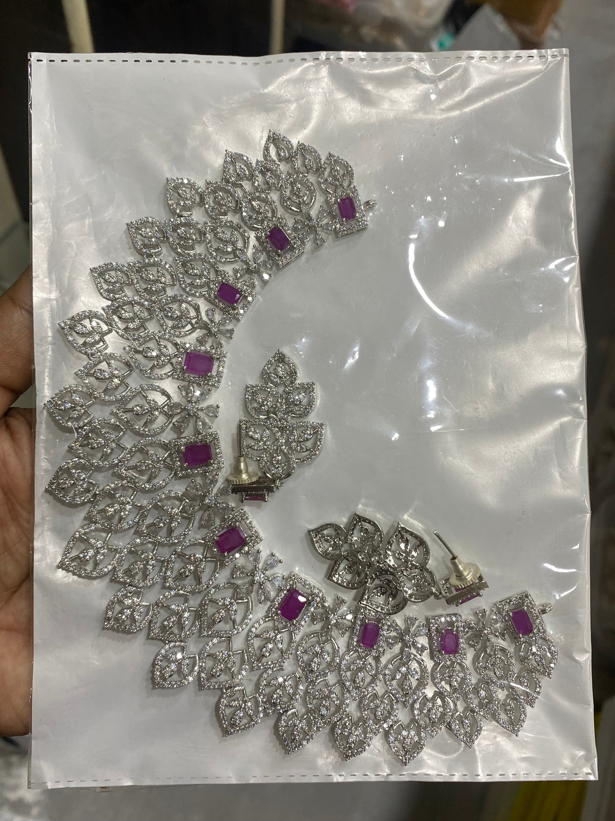 Silver floral diamond necklace -Pink Aksha Trends