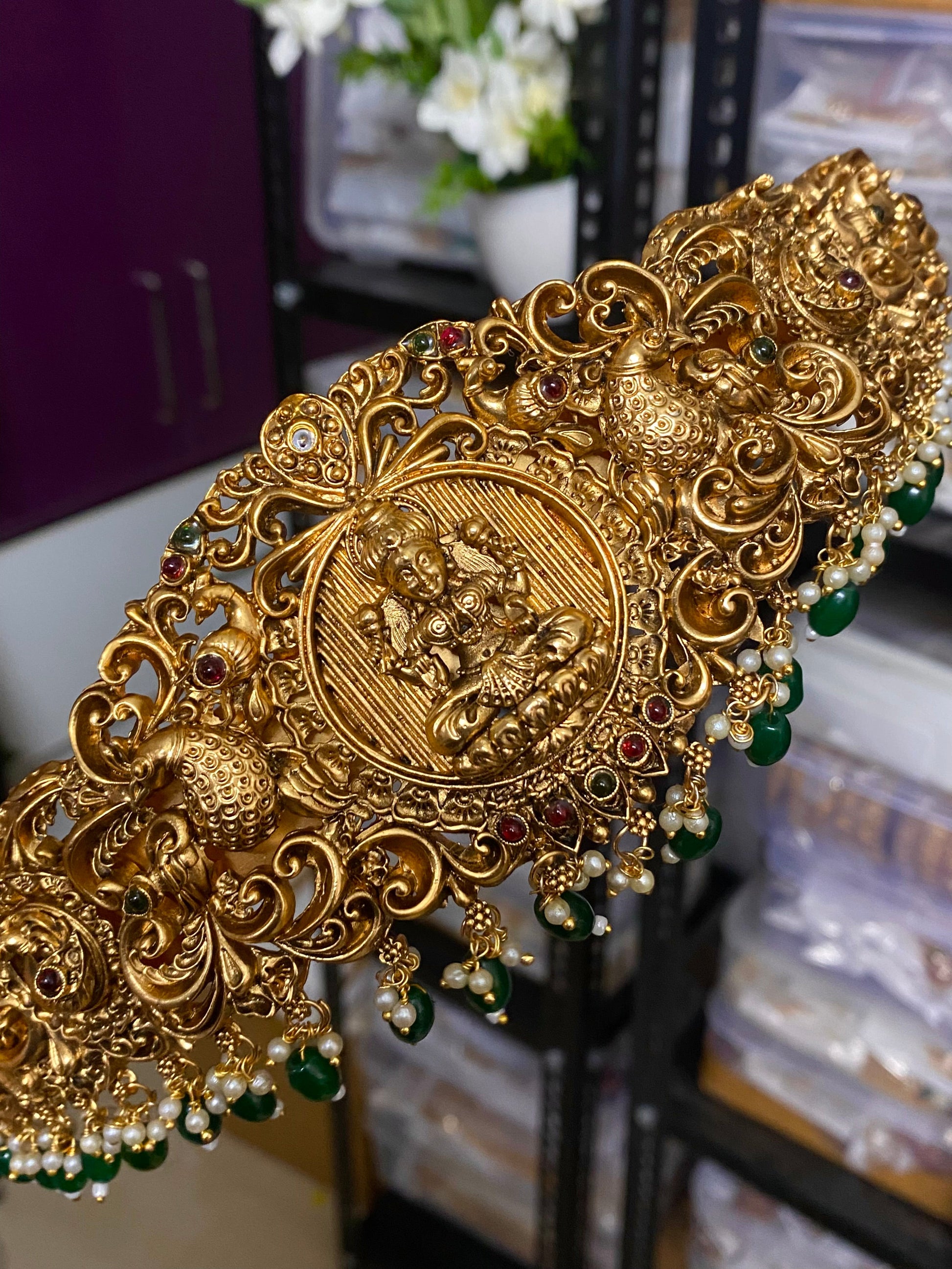 Temple bridal hipbelt -Premium Gold Emerald Aksha Trends