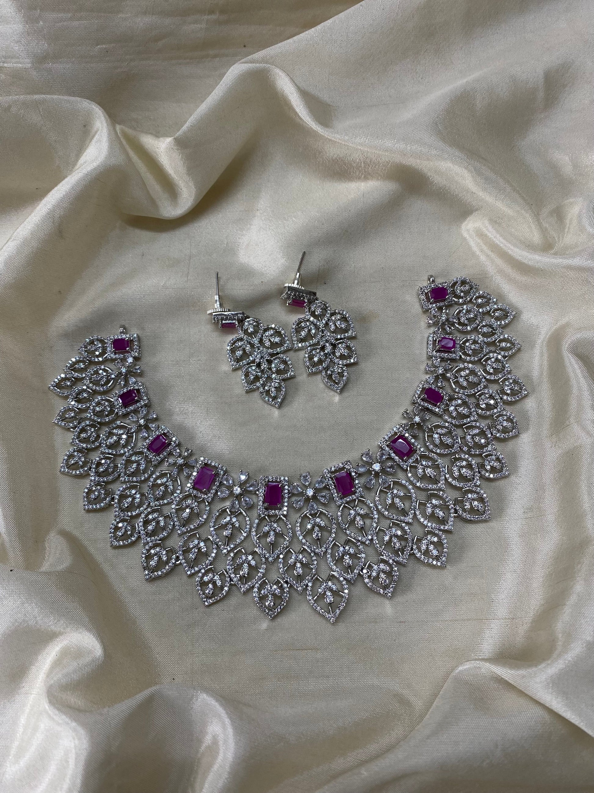 Silver floral diamond necklace -Ruby Aksha Trends