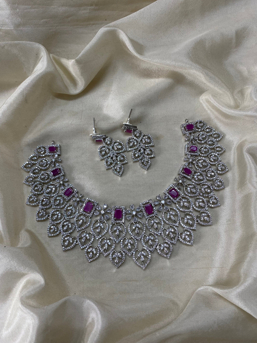 Silver floral diamond necklace -Ruby Aksha Trends 