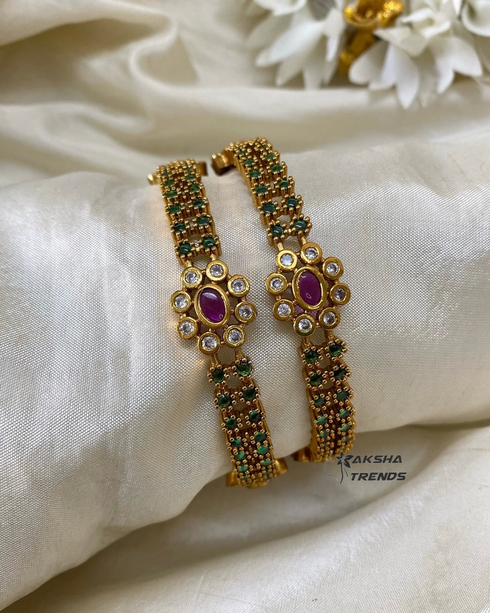 Emerald diamond Floral bangles Aksha Trends 