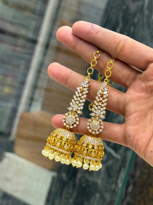 Premium diamond Jhumka with earchains -white Aksha Trends
