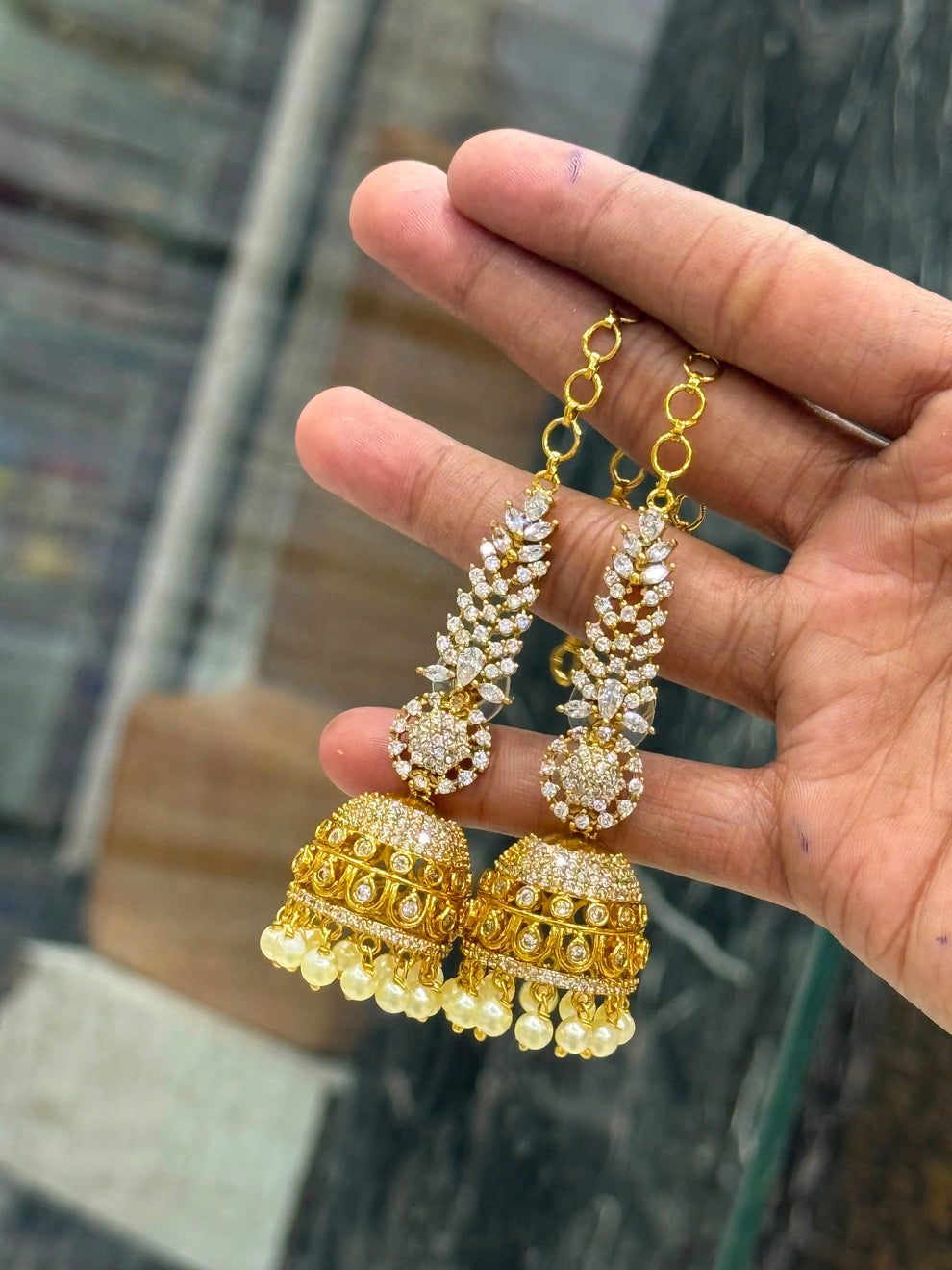 Premium diamond Jhumka with earchains -white Aksha Trends 