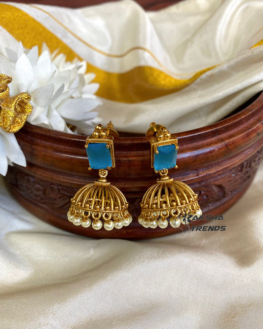 Golden Aqua blue stone jhumkas Aksha Trends