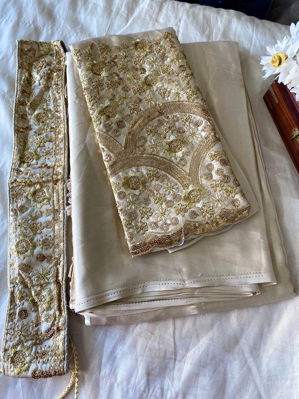 Satin Silk Saree -Cream Gold Aksha Trends 