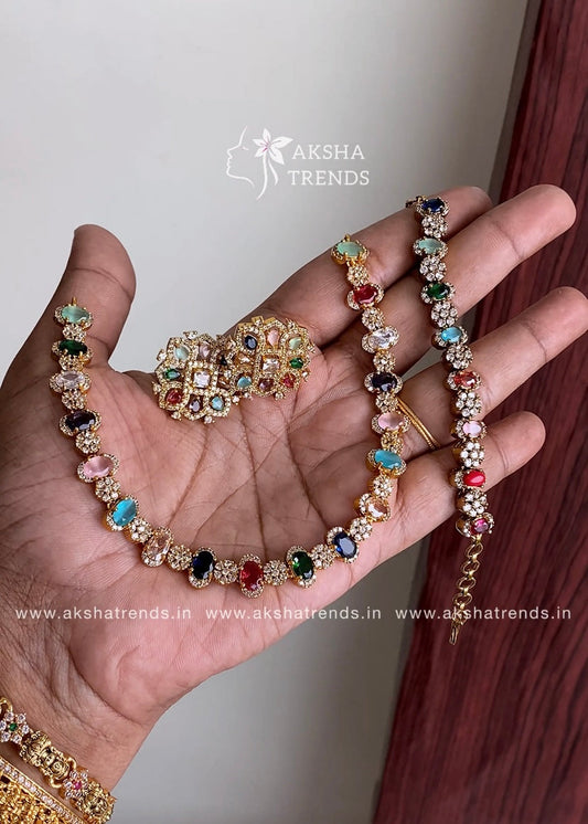Navratna diamond Necklace with bracelet combo Aksha Trends