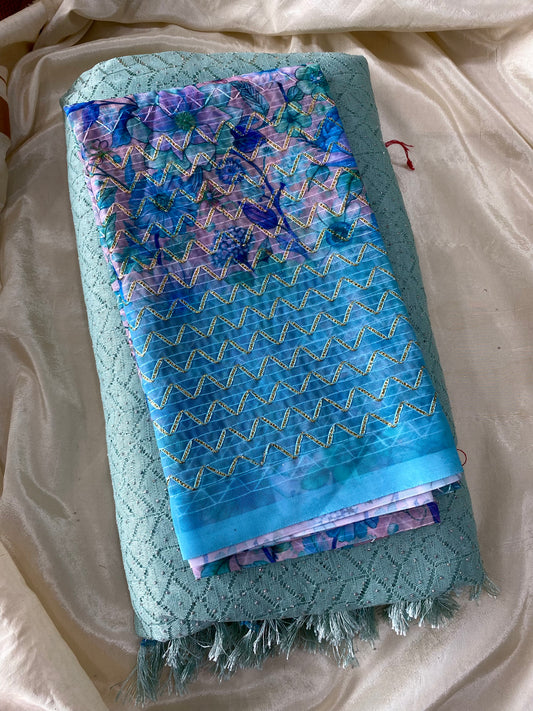 Chiffon netted saree -Green Aksha Trends