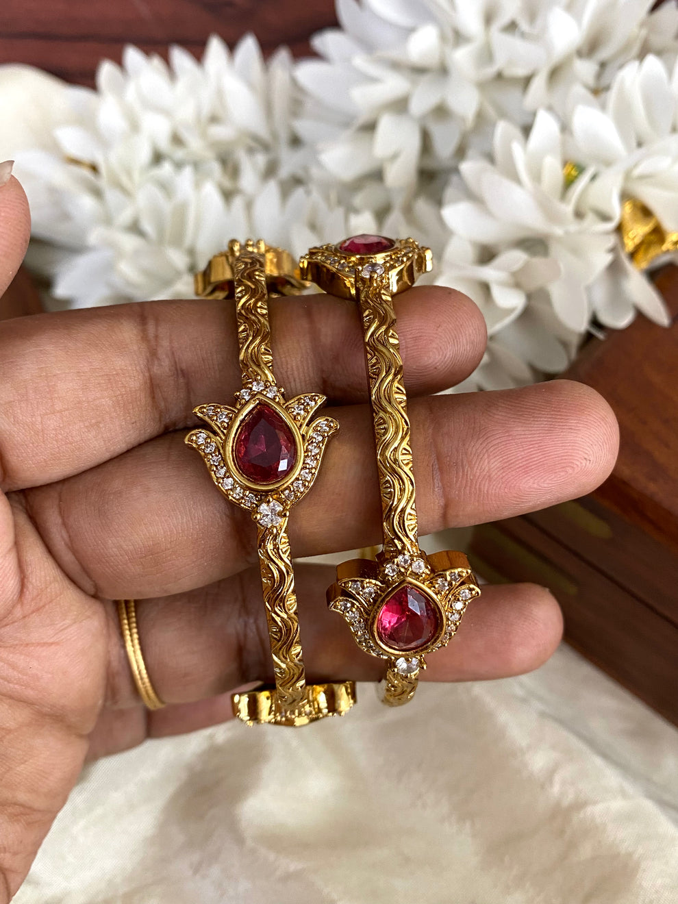 Lotus gold bangles Ruby (2pc) Aksha Trends 