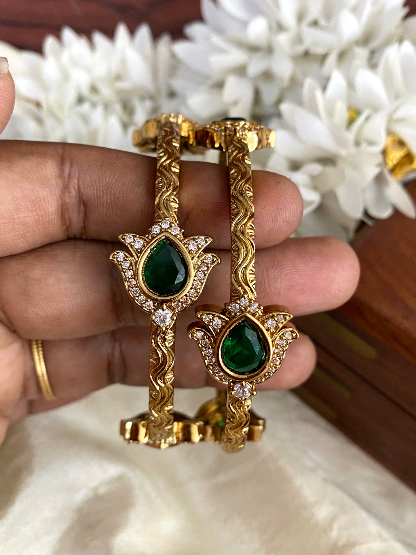 Lotus gold bangles Green (2pc) Aksha Trends