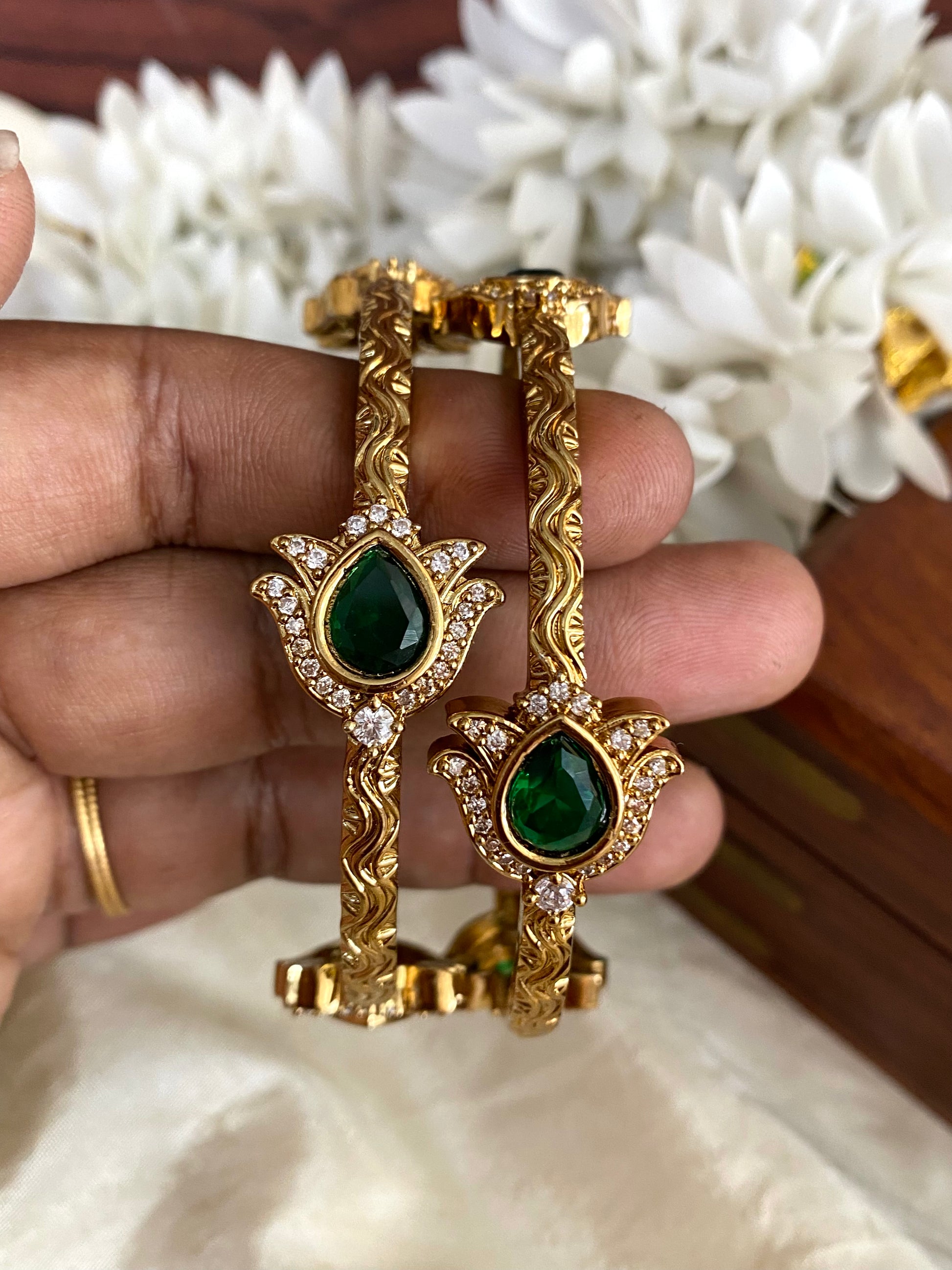 Lotus gold bangles Green (2pc) Aksha Trends