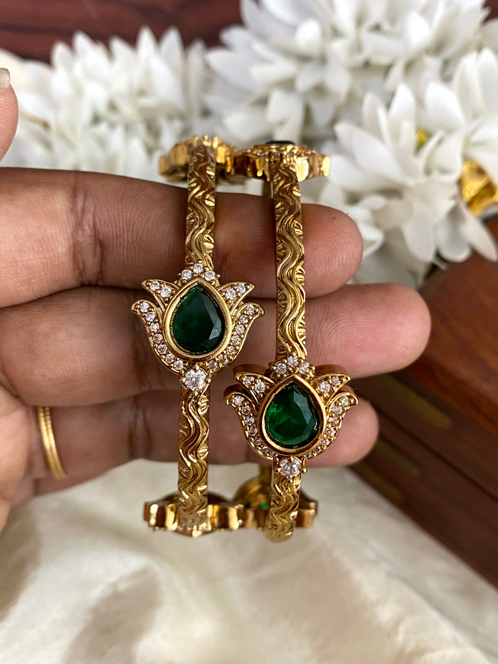 Lotus gold bangles Green (2pc) Aksha Trends 