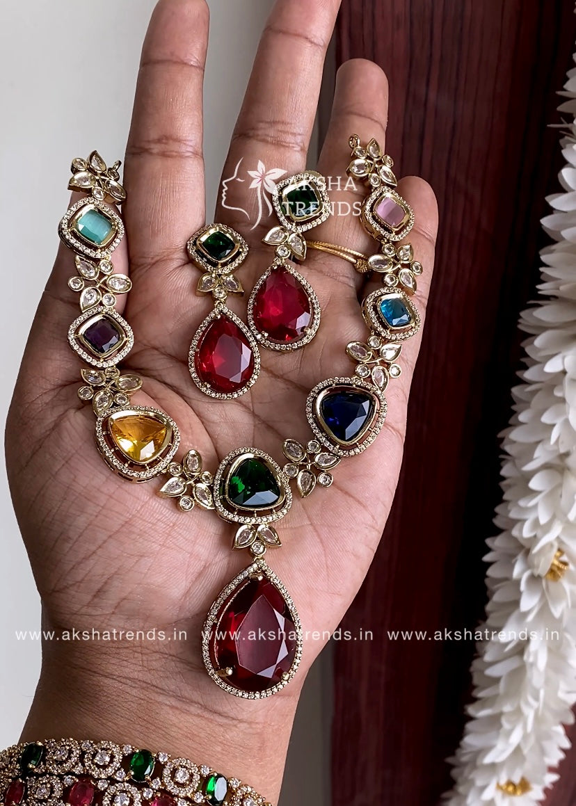 Navratna Victorian diamond Necklace Aksha Trends