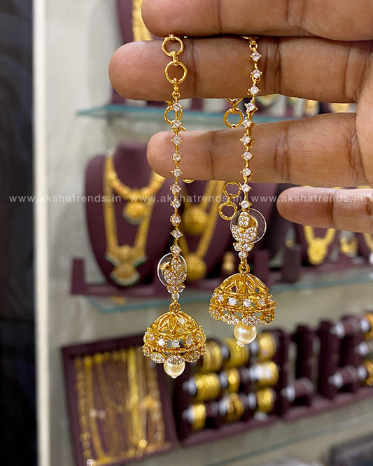 Diamond Jhumka pearl drop with Earchains Aksha Trends