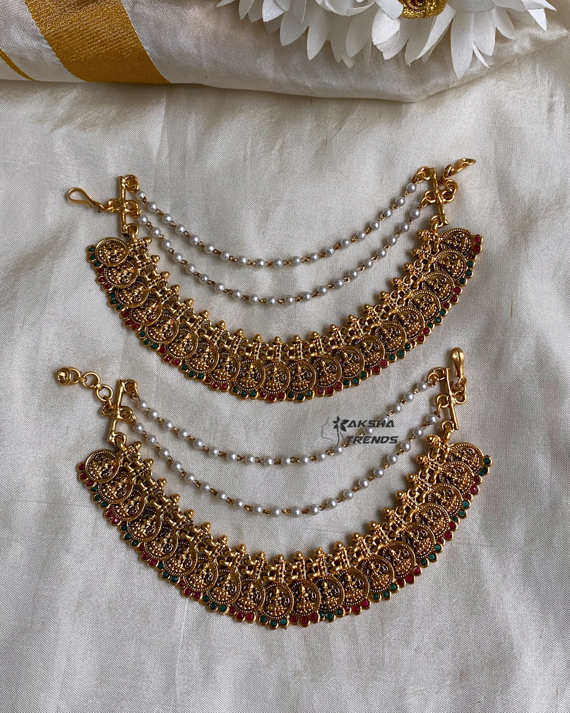Bridal earchain maati -3 layer Kasumalai stone Aksha Trends