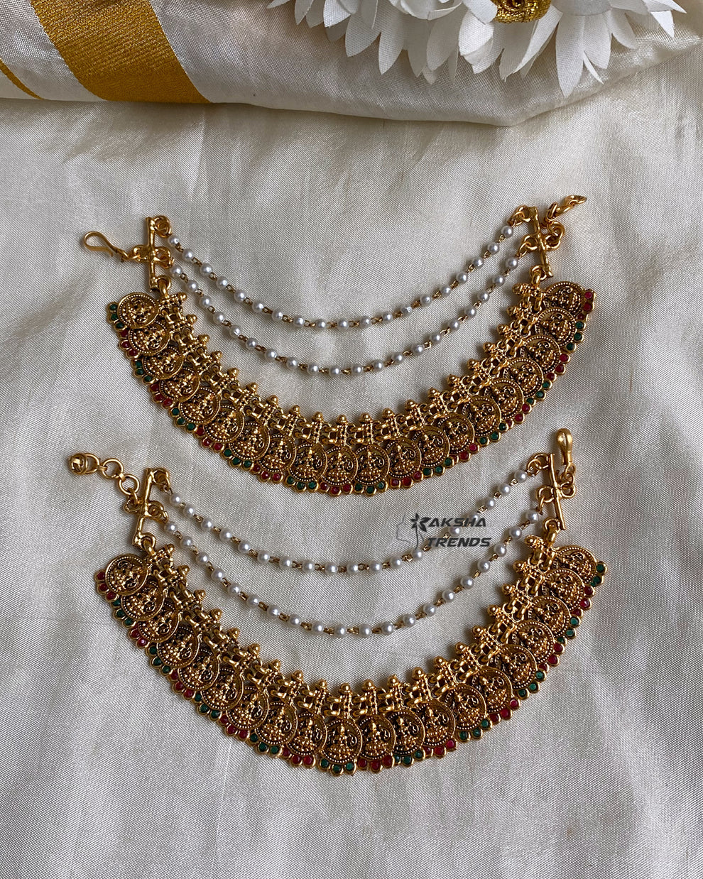 Bridal earchain maati -3 layer Kasumalai stone Aksha Trends 