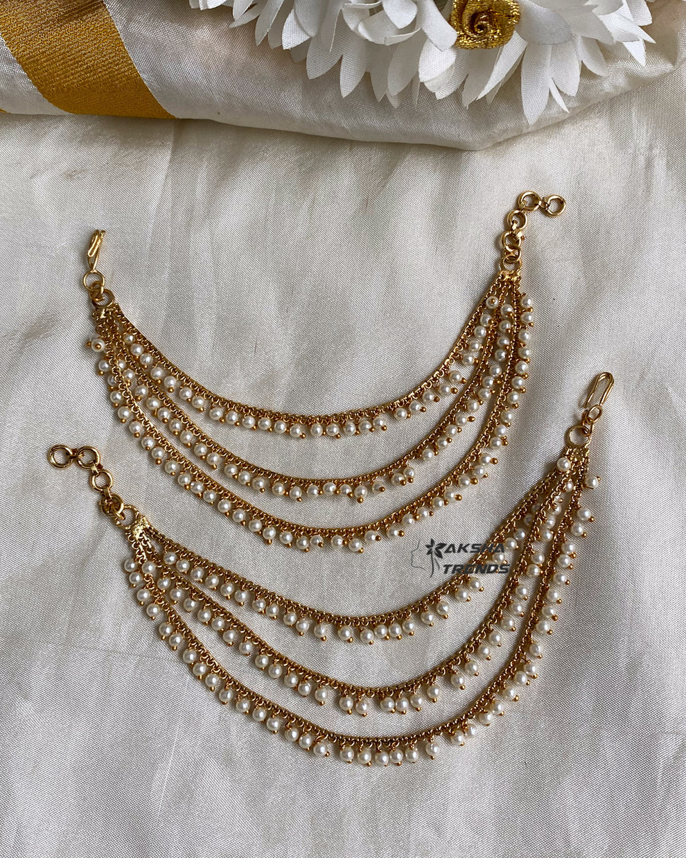 Bridal earchain maati -3 layer pearls Aksha Trends 