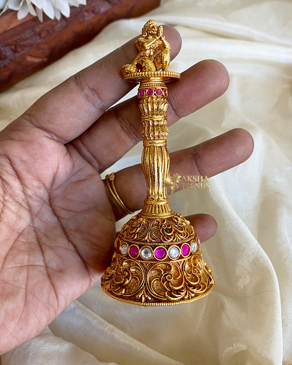 Golden Brass Pooja Bell With Hanuman Aksha Trends 