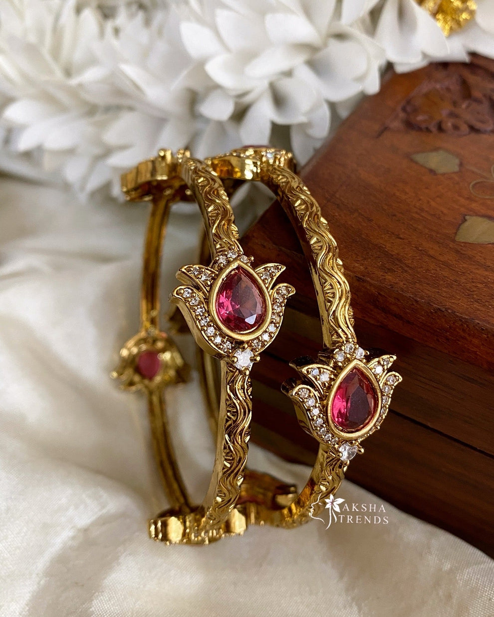 Lotus gold bangles Ruby (2pc) Aksha Trends 