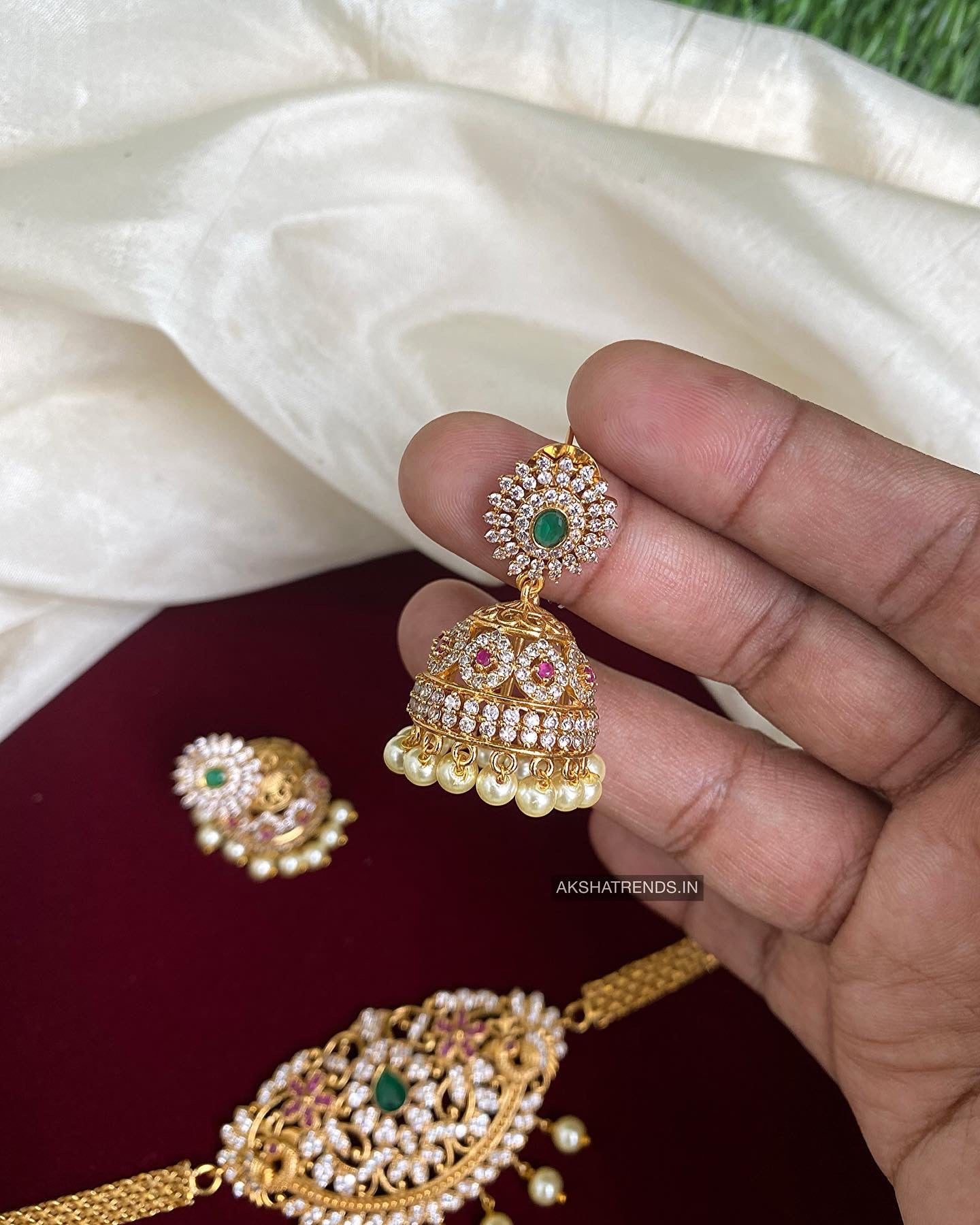 White Stone Jhumkas with Double Layer Beads - South India Jewels