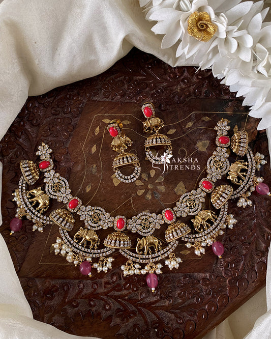 Bridal diamond elephant necklace -pink Aksha Trends