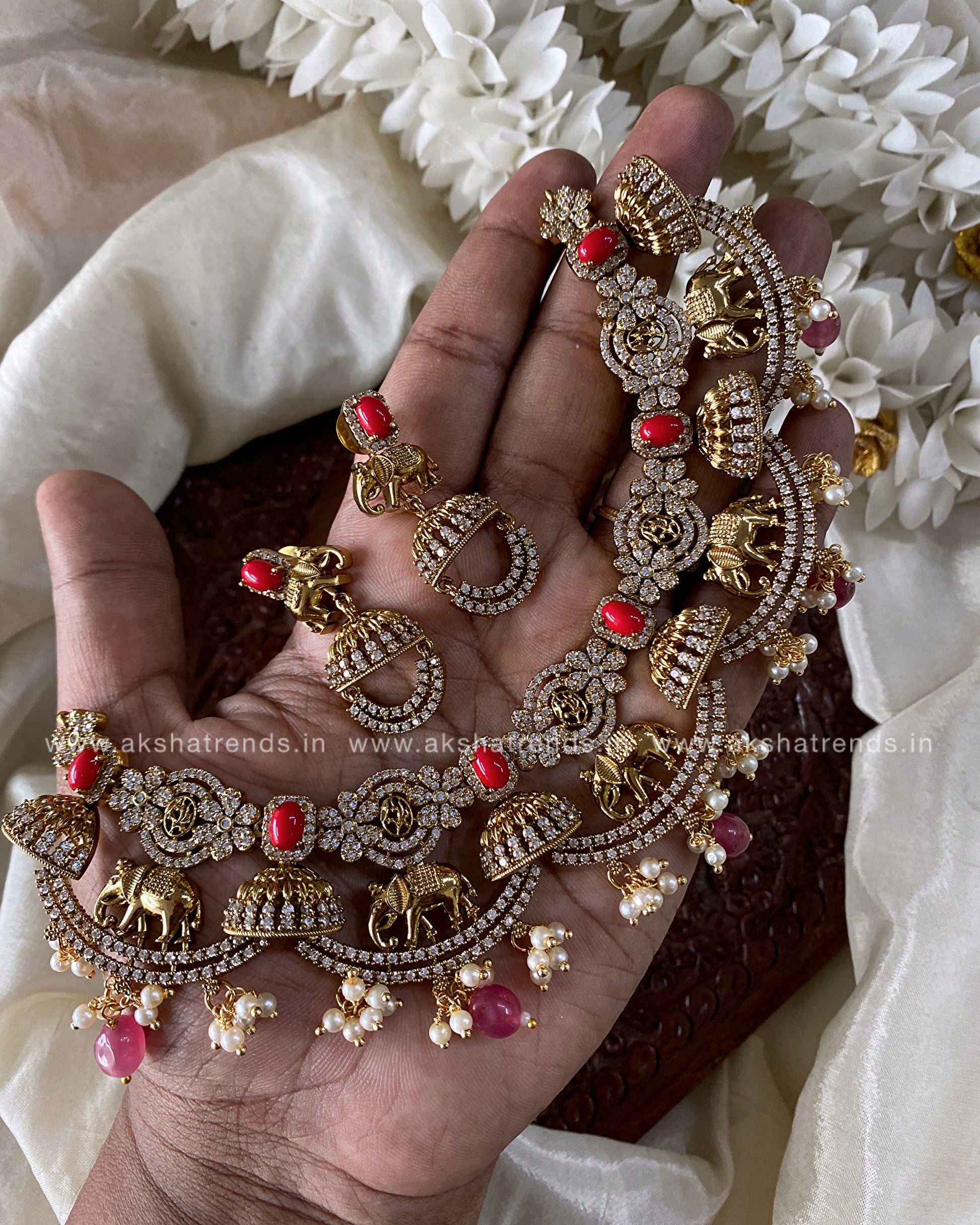 Bridal diamond elephant necklace -pink Aksha Trends
