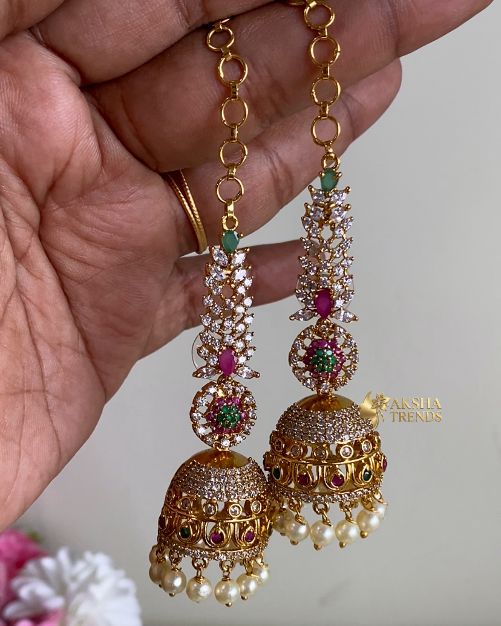 Premium diamond Jhumka with earchains Aksha Trends