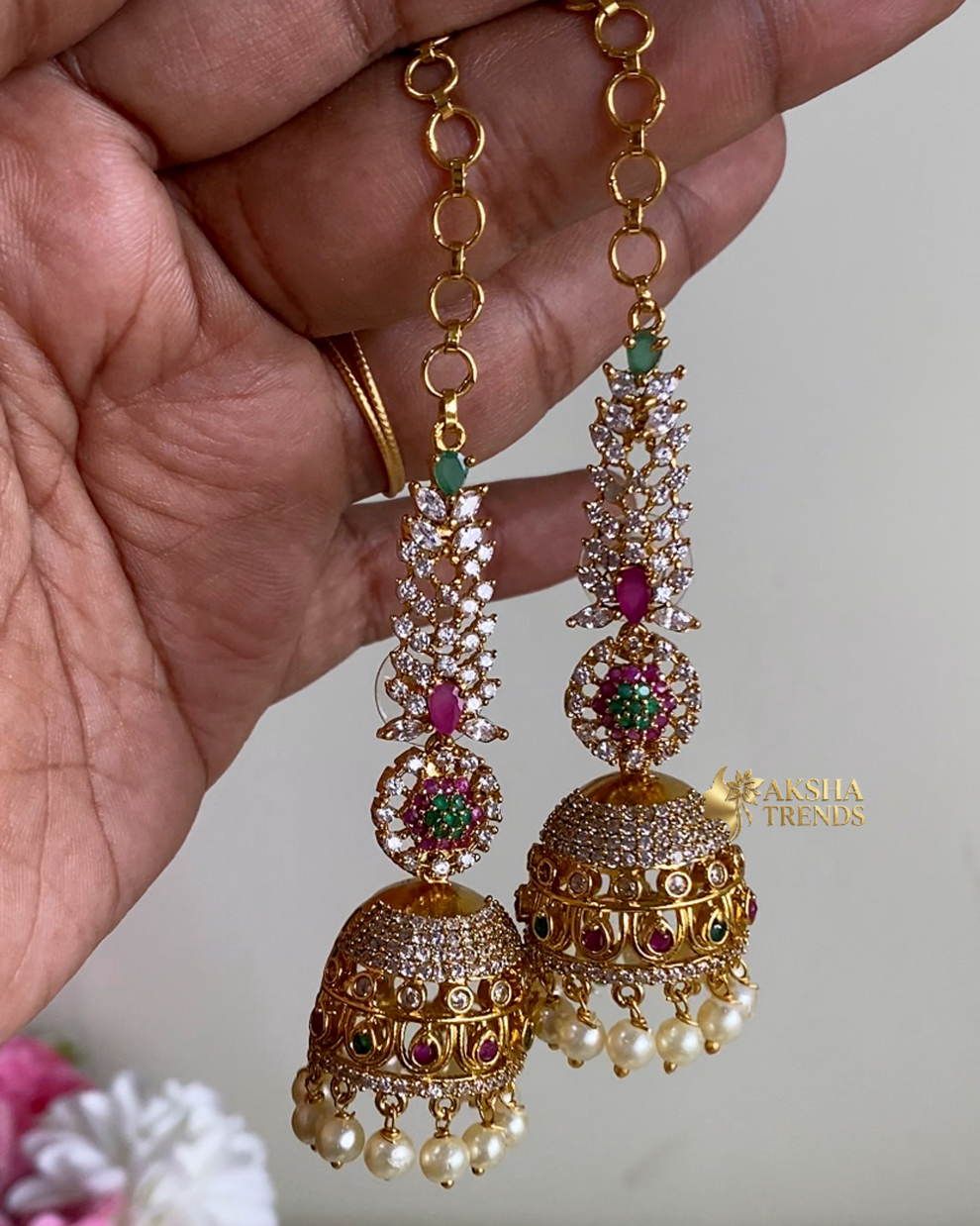 Premium diamond Jhumka with earchains Aksha Trends 