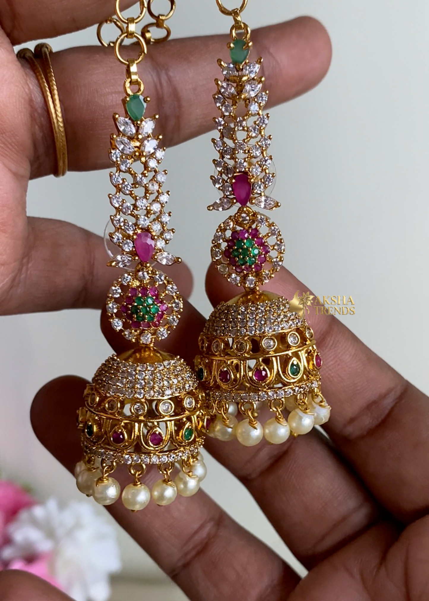Premium diamond Jhumka with earchains Aksha Trends